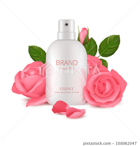 Cosmetic bottles. Aroma good rose smell for skin care. vector realistic background Cosmetic bottles. Aroma good rose smell for skin care. vector realistic background 108062047