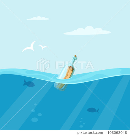 Bottle in sea. Outdoor background with open sea space. Vector marine landscape Bottle in sea. Outdoor background with open sea space. Vector marine landscape 108062048