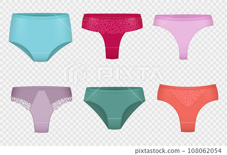 Female panties. Woman underwear collection decent vector textile panties realistic illustrations set Female panties. Woman underwear collection decent vector textile panties realistic illustrations set 108062054