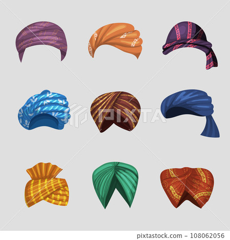 Turbans. Authentic arabian head clothes indian turbans recent vector cartoon illustrations 108062056