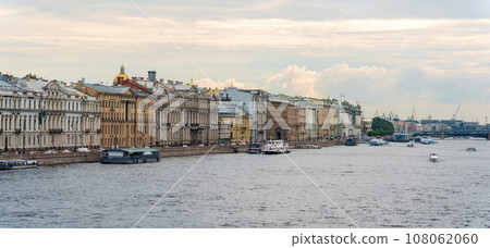 view of the Neva River in the historical center of St. Petersburg with Palace Embankment 108062060