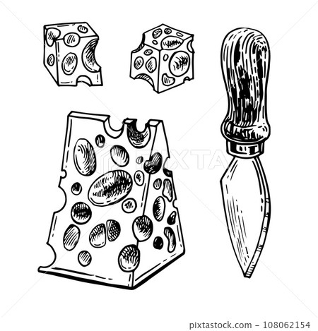 Vector hand drawn illustration with cheese pieces . Hand drawn Sketch. Engraving style image. Cheese knife special Vector hand drawn illustration with cheese pieces . Hand drawn Sketch. Engraving style image. Cheese knife special 108062154