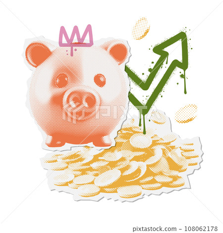 Trendy Business banner with Halftone piggy bank , coins stack and graffiti arrow up sign. Vintage zine grunge elements. Set Retro Finance Poster for Social Media. Vector illustration. Trendy Business banner with Halftone piggy bank , coins stack and graffiti arrow up sign. Vintage zine grunge elements. Set Retro Finance Poster for Social Media. Vector illustration. 108062178