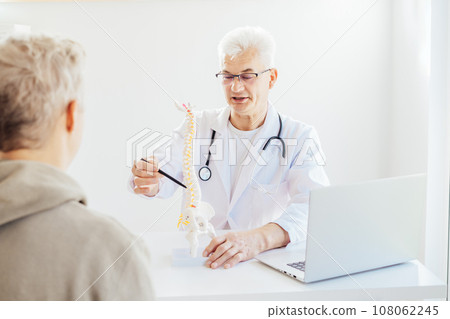 Middle aged male doctor pointing on human spine model with a pen and explaining patient his problem in medical clinic. Spinal healthcare and back pain treatment concept. Selective focus, copy space Middle aged male doctor pointing on human spine model with a pen and explaining patient his problem in medical clinic. Spinal healthcare and back pain treatment concept. Selective focus, copy space 108062245
