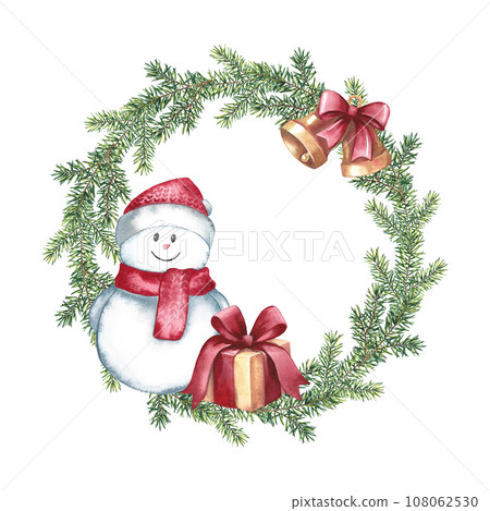 A snowman in a Christmas tree wreath with a gift. Handmade watercolor illustration. For the packaging of greeting and invitation cards, labels. For banner stands and posters. For festive decoration. 108062530