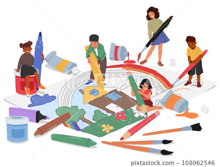 Creative Kids Painting With Huge Gigantic Tools. Young Artists Unleash Their Imaginations Using Oversized Brushes 108062546