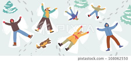 Joyful Characters Lie On Snowy Ground, Arms Outstretched, Creating Whimsical Snow Angels With Their Bodies Joyful Characters Lie On Snowy Ground, Arms Outstretched, Creating Whimsical Snow Angels With Their Bodies 108062550