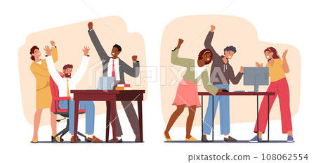 Business Team Characters Rejoices Near Their Computers, Celebrating Success With Smiles, And Shared Sense Of Achievement Business Team Characters Rejoices Near Their Computers, Celebrating Success With Smiles, And Shared Sense Of Achievement 108062554