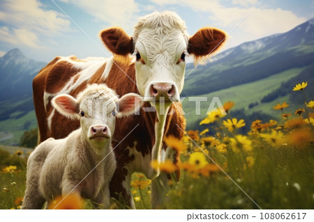 A rural scene with a cow and a calf in a green meadow A rural scene with a cow and a calf in a green meadow 108062617