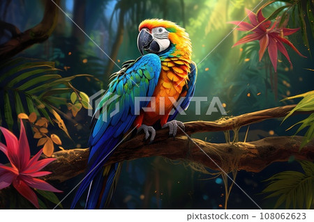 Colorful illustration scarlet macaw parrot in jungle. Colorful illustration scarlet macaw parrot in jungle. 108062623