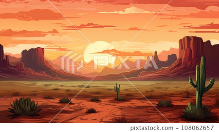 Wild Western Texas desert sunset with mountains and cactus. 108062657