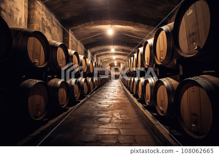 Wooden oak barrels for wine in the cellar 108062665