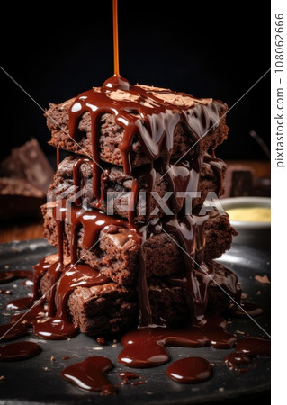 Stack of chocolate brownies with chocolate sauce 108062666