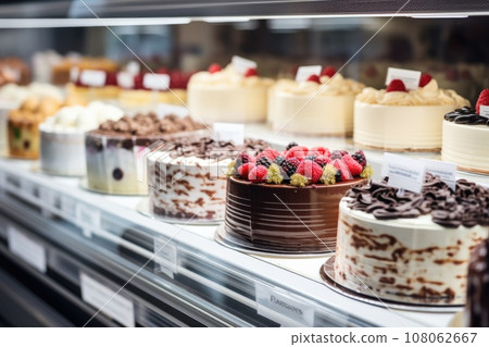 Various cakes in a shop window for sale 108062667