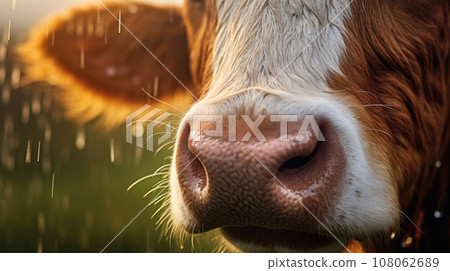 Close-up of the nose and nostrils of a cow in the pasture 108062689