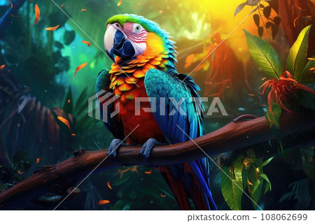 Colorful illustration scarlet macaw parrot in jungle. Colorful illustration scarlet macaw parrot in jungle. 108062699