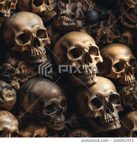 Skulls and bones covered in dust. lot of creepy human remains in dark. Abstract dark background symbolizing death, evil 108062953
