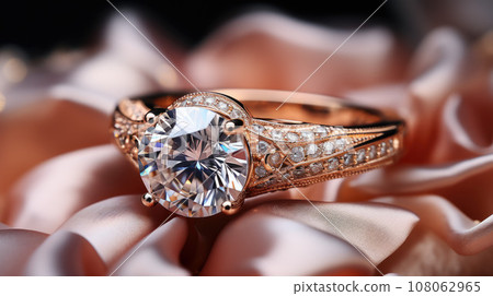 Golden wedding ring with a large diamond on a silk fabric with copy space, close-up 108062965