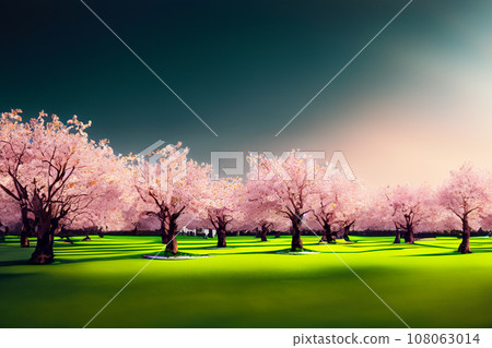 Illustration of cherry blossoms at dawn in the park 108063014