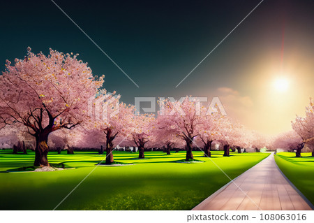 Illustration of cherry blossoms at dawn in the park 108063016