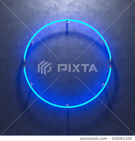Round blue neon sign on a dark concrete background. 3d illustration. Round blue neon sign on a dark concrete background. 3d illustration. 108063100