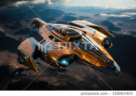 Fantasy spaceship rocket flies in space 108063403