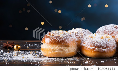 Festive Hanukkah background with Sufganiyot on Festive Hanukkah background with Sufganiyot on 108063513