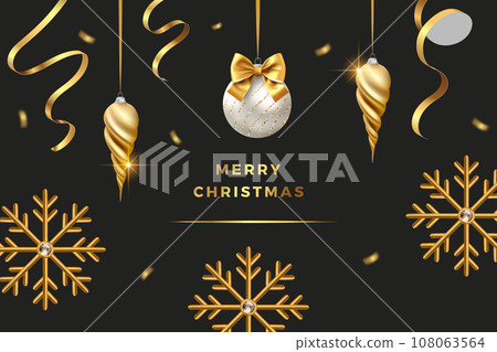 Merry Christmas Party vector poster holiday greeting card, premium luxury 3d gold snowflake ornament decoration of golden ball shiny render 108063564