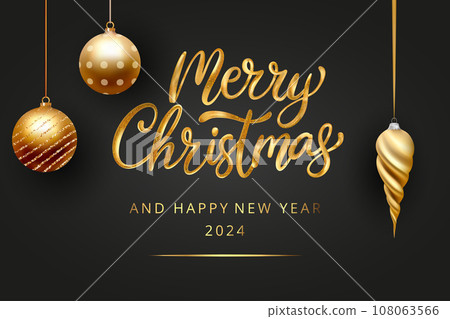 Merry Christmas Party vector poster holiday greeting card, premium luxury 3d gold ball ornament decoration of golden bauble shiny render Merry Christmas Party vector poster holiday greeting card, premium luxury 3d gold ball ornament decoration of golden bauble shiny render 108063566