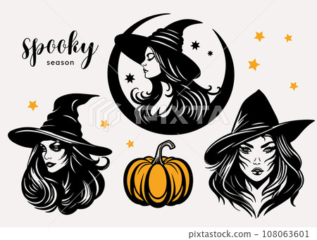 Young charming witch woman in a hat with pumpkin set. Halloween silhouette portrait collection 108063601