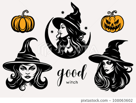 Young charming witch woman in a hat with pumpkin set. Halloween silhouette portrait collection Young charming witch woman in a hat with pumpkin set. Halloween silhouette portrait collection 108063602