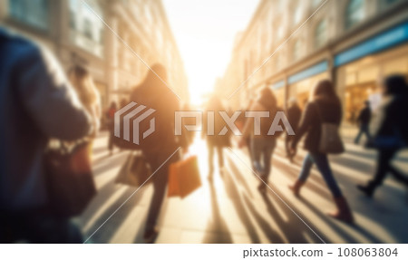 Busy shopping street in the city. Rush hour. Motion blurred crowd of shopping walking on busy fashion shop street. Crowd of people shoppers walking in the streets blurred background 108063804