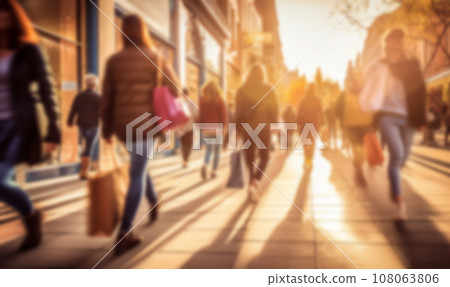 Busy shopping street in the city. Rush hour. Motion blurred crowd of shopping walking on busy fashion shop street. Crowd of people shoppers walking in the streets blurred background 108063806