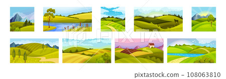 Green Summer Landscape with Field, Hills and Mountains Vector Set Green Summer Landscape with Field, Hills and Mountains Vector Set 108063810