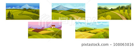 Green Summer Landscape with Field, Hills and Mountains Vector Set Green Summer Landscape with Field, Hills and Mountains Vector Set 108063816