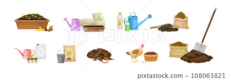 Organic Compost and Plant Fertilizer for Garden Work Vector Set Organic Compost and Plant Fertilizer for Garden Work Vector Set 108063821