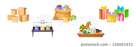 Gift Box and Present Wrap on Conveyor Belt and in Sack Vector Set 108063833