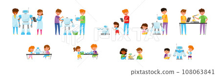 Children and Teenagers Engineering Robots Vector Illustration Set Children and Teenagers Engineering Robots Vector Illustration Set 108063841