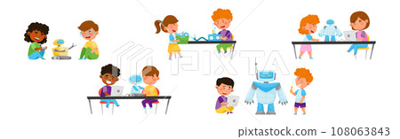 Children Engineering Robots Vector Illustration Set Children Engineering Robots Vector Illustration Set 108063843