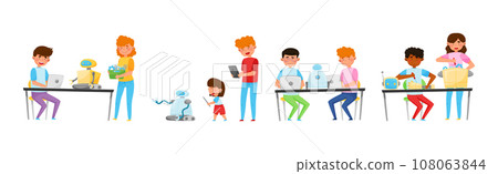 Children and Teenagers Engineering Robots Vector Illustration Set Children and Teenagers Engineering Robots Vector Illustration Set 108063844
