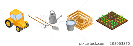 Gardening and Farm with Tractor, Watering Can, Crate and Garden Bed Isometry Vector Set Gardening and Farm with Tractor, Watering Can, Crate and Garden Bed Isometry Vector Set 108063870