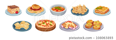 Italian Cuisine Dishes and Food Served on Plate Vector Set Italian Cuisine Dishes and Food Served on Plate Vector Set 108063893