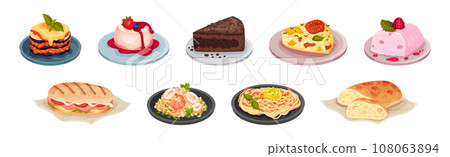 Italian Cuisine Dishes and Food Served on Plate Vector Set Italian Cuisine Dishes and Food Served on Plate Vector Set 108063894