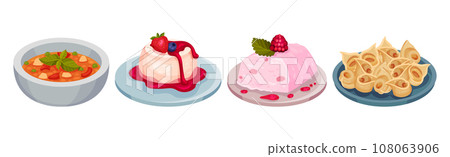 Italian Cuisine Dishes and Food Served on Plate Vector Set 108063906