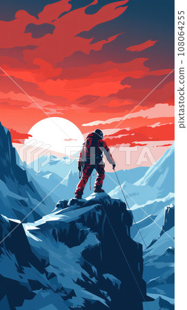 Alpinist climber on the top of an icy mountain 108064255