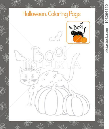 Halloween holiday scene of cute cat, bat, pumpkins, boo traditional word outline coloring page with sample image vector illustration, autumn holiday leisure or educational activity, worksheet 108064560