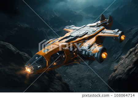 Fantasy spaceship rocket flies in space 108064714