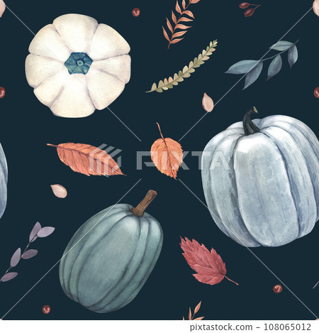 Watercolor pattern pumpkins, pumpkin pie, autumn leaves, apple and Thanksgiving Day objects. Hand-drawn illustration isolated on blue background. Perfect for menu, card, frame Watercolor pattern pumpkins, pumpkin pie, autumn leaves, apple and Thanksgiving Day objects. Hand-drawn illustration isolated on blue background. Perfect for menu, card, frame 108065012