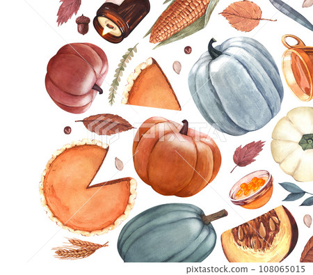 Watercolor pumpkins orange and blue color, pumpkin pie, autumn leaves and apple. Thanksgiving Day dinner concept. Hand-drawn illustration isolated on white background. Perfect for menu, card, frame 108065015