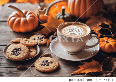 still life of a cup of hot latte and cookies and pumpkins on an old wooden table against the background of beautiful autumn nature at sunset, decoration for Halloween 108065104